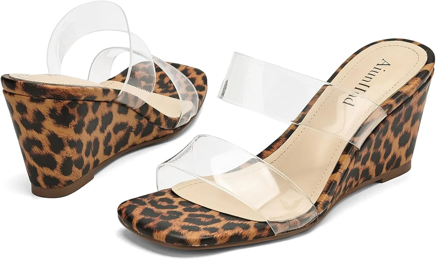 Wedge Sandals for Women Square Open Toe Wedge Heels Clear Two Strap Slip on Sandals Glitter Heels Transparent Slides Shoes