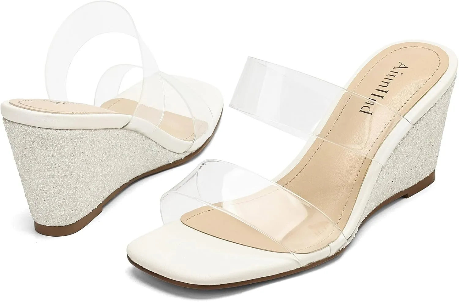 Wedge Sandals for Women Square Open Toe Wedge Heels Clear Two Strap Slip on Sandals Glitter Heels Transparent Slides Shoes
