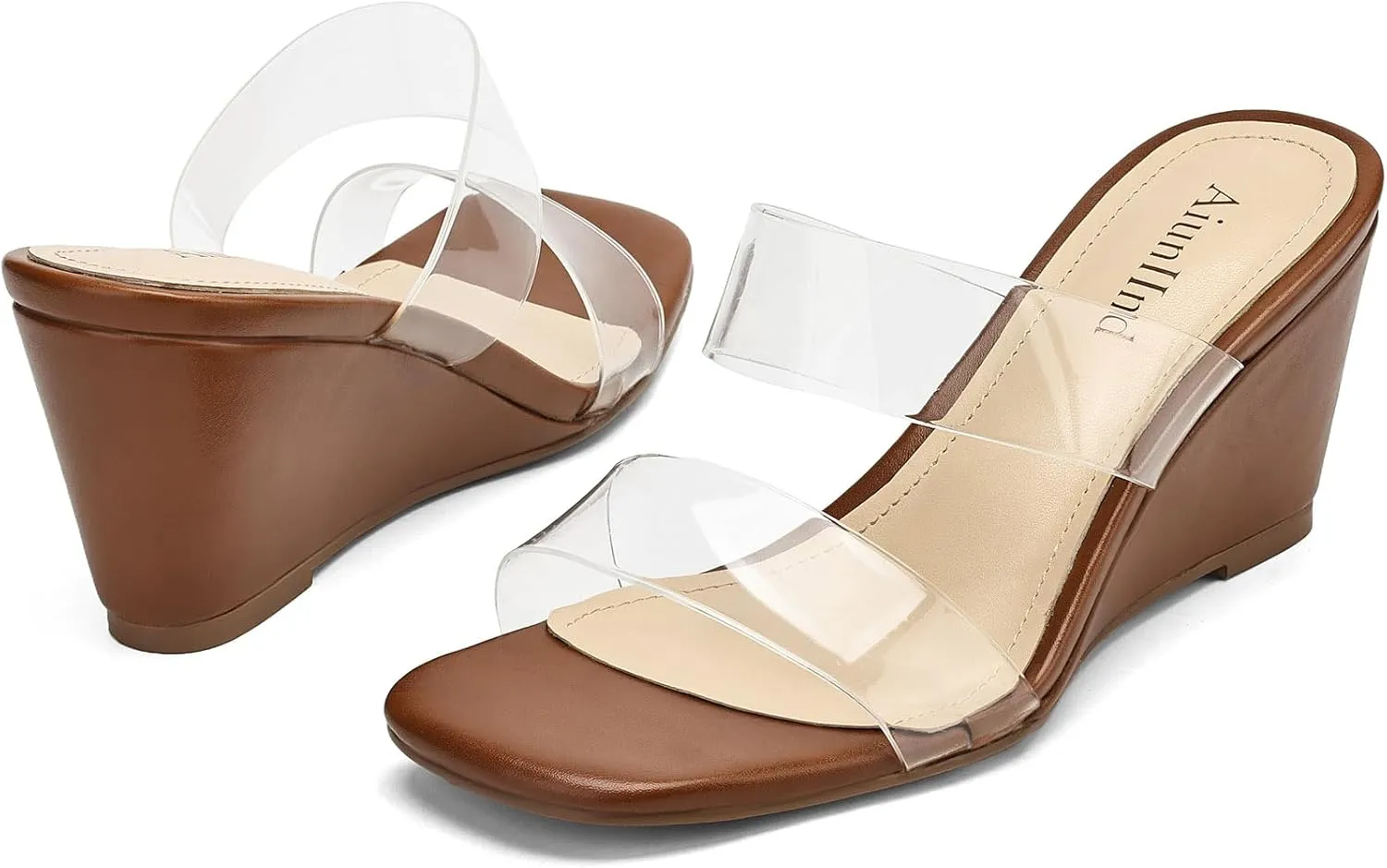 Wedge Sandals for Women Square Open Toe Wedge Heels Clear Two Strap Slip on Sandals Glitter Heels Transparent Slides Shoes
