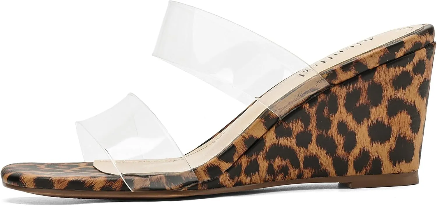 Wedge Sandals for Women Square Open Toe Wedge Heels Clear Two Strap Slip on Sandals Glitter Heels Transparent Slides Shoes