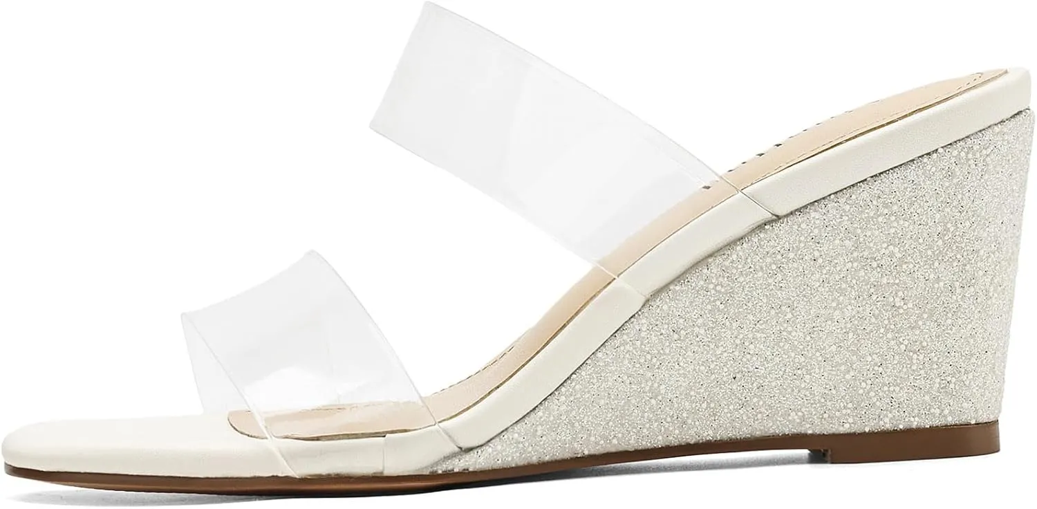 Wedge Sandals for Women Square Open Toe Wedge Heels Clear Two Strap Slip on Sandals Glitter Heels Transparent Slides Shoes
