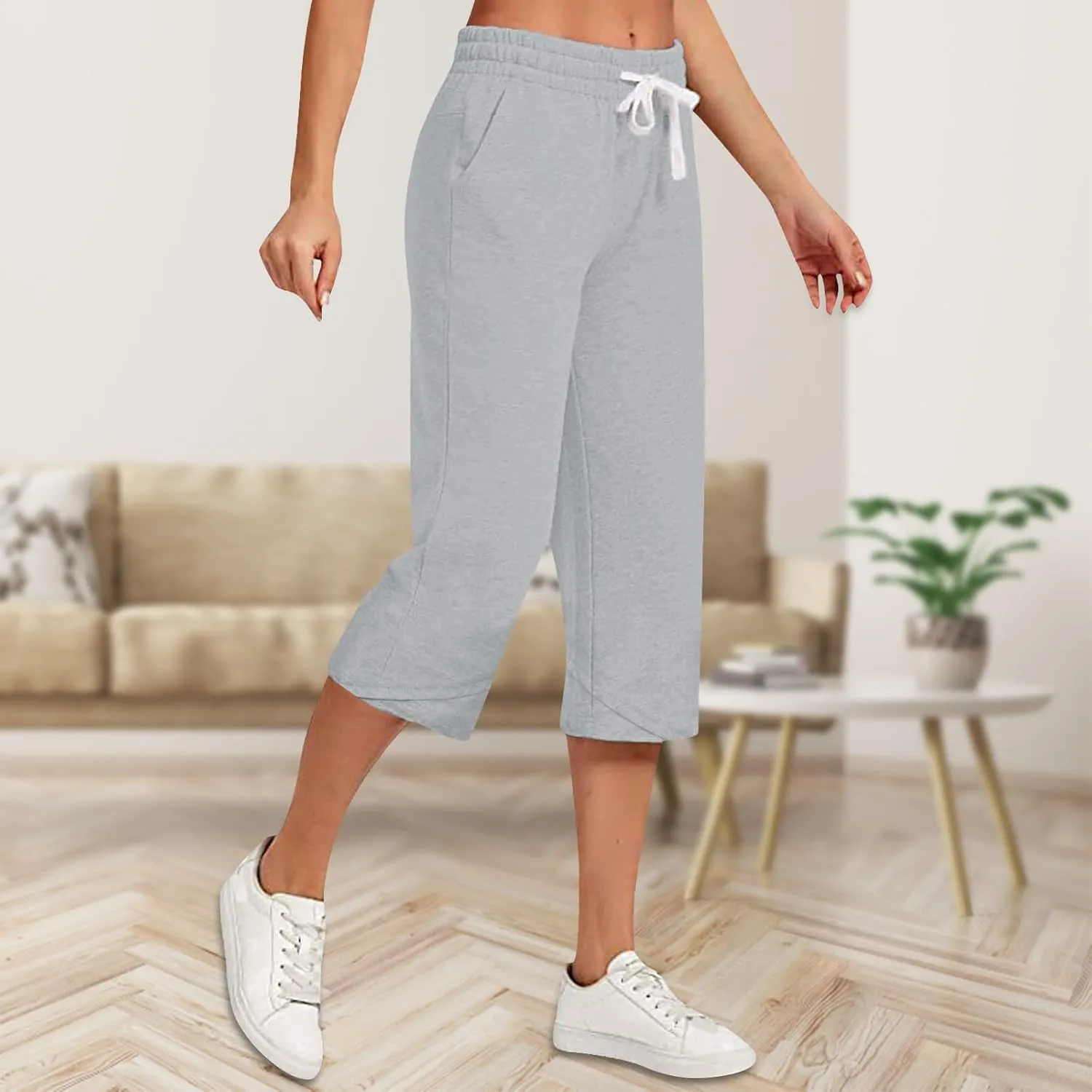 Wide Leg Capri Pants for Women Drawstring High Waisted Linen Palazzo Lounge Pants Summer Plus Size Comfy Sweatpant
