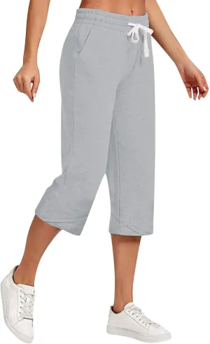 Wide Leg Capri Pants for Women Drawstring High Waisted Linen Palazzo Lounge Pants Summer Plus Size Comfy Sweatpant