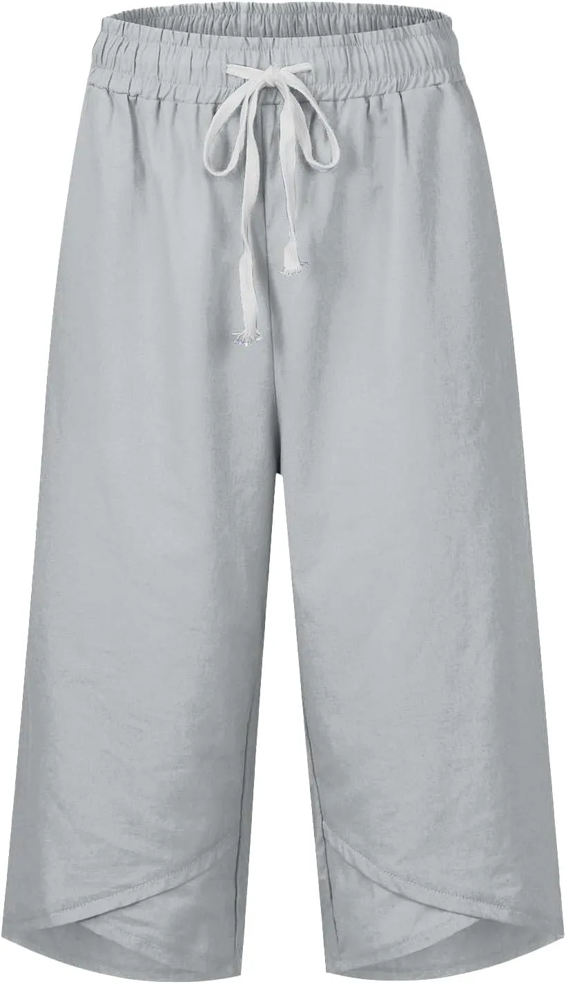 Wide Leg Capri Pants for Women Drawstring High Waisted Linen Palazzo Lounge Pants Summer Plus Size Comfy Sweatpant