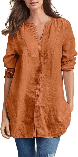 Women Button Down Linen Shirts Roll Up Sleeve 3/4 Sleeve Summer Tops Loose Fit Casual V Neck Blouse 2025 Trendy Outfit