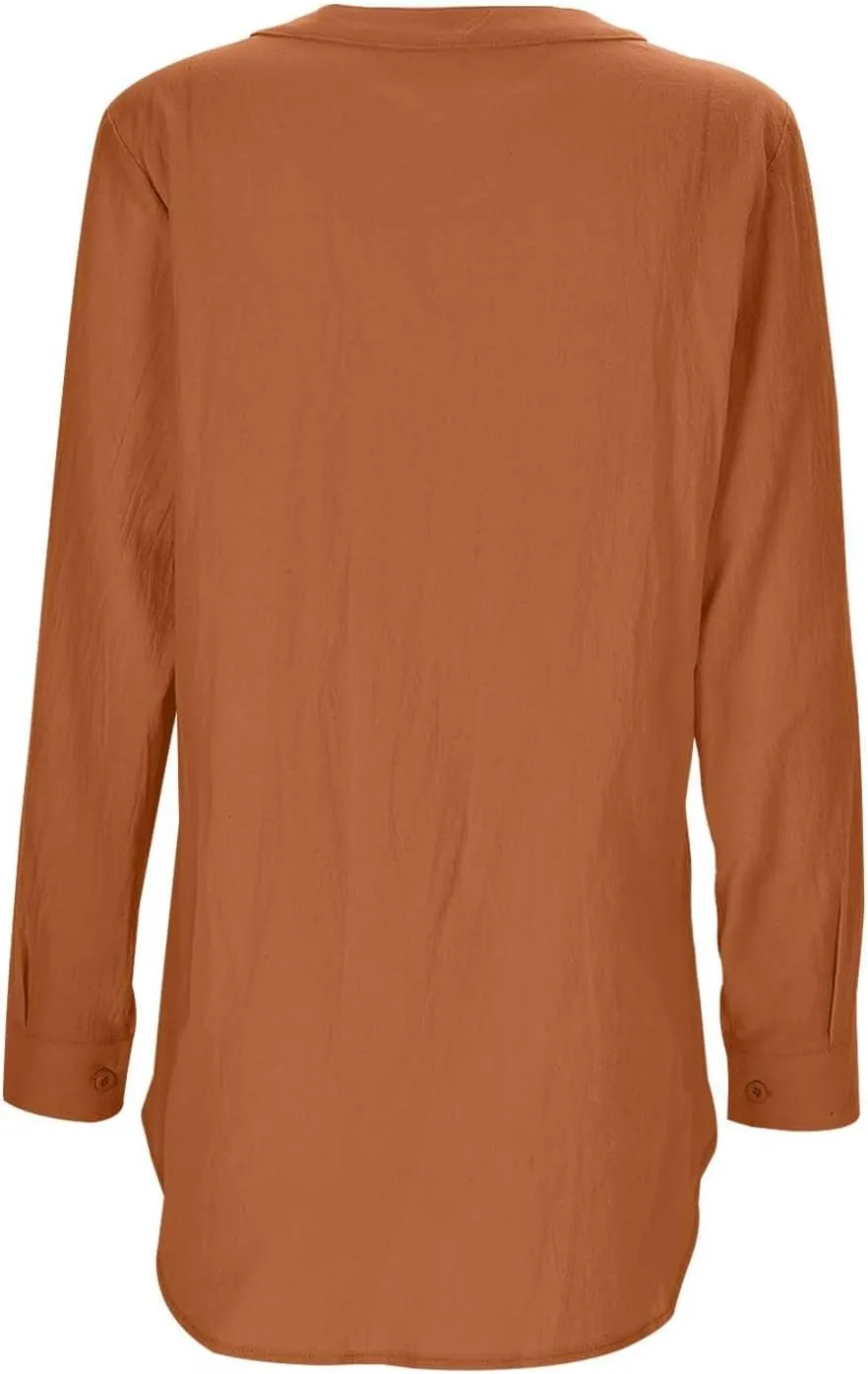 Women Button Down Linen Shirts Roll Up Sleeve 3/4 Sleeve Summer Tops Loose Fit Casual V Neck Blouse 2025 Trendy Outfit