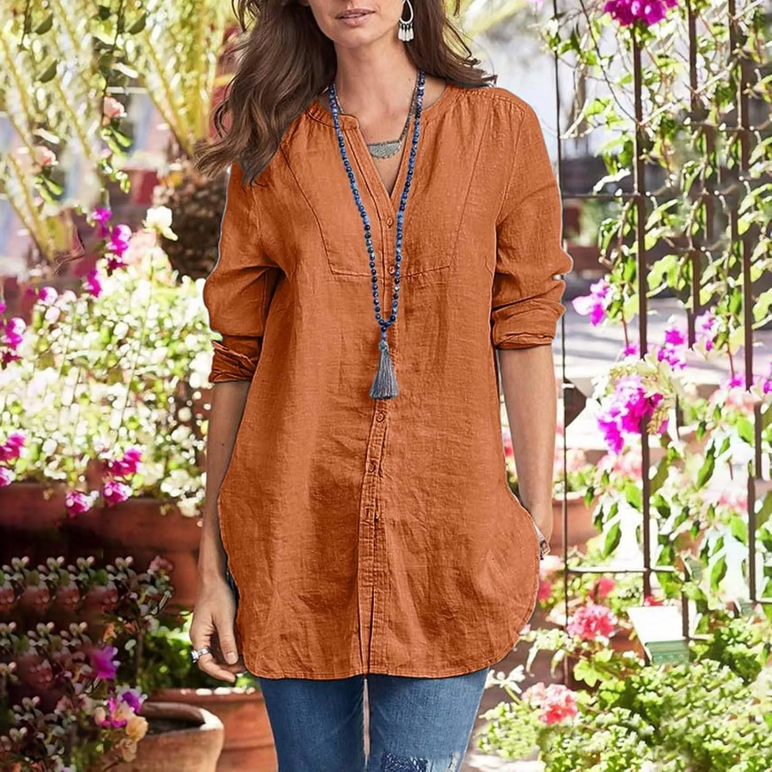Women Button Down Linen Shirts Roll Up Sleeve 3/4 Sleeve Summer Tops Loose Fit Casual V Neck Blouse 2025 Trendy Outfit