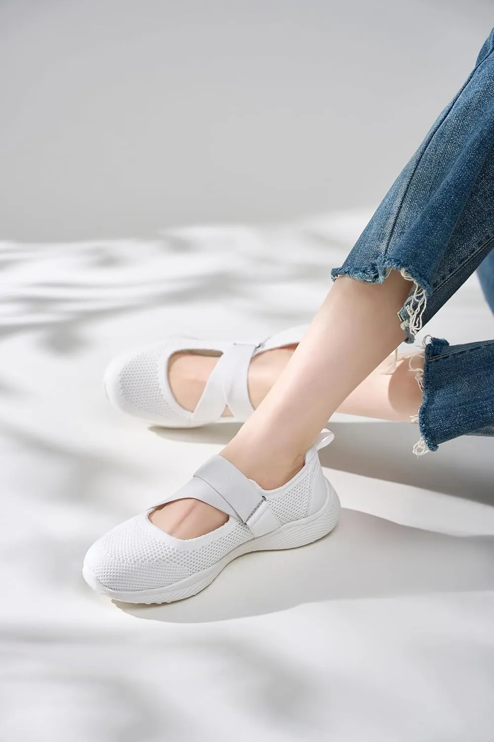 Women Mary Jane Shoes Comfortable Walking Flats with Adjustable Straps Knit Casual Arch Support Flat