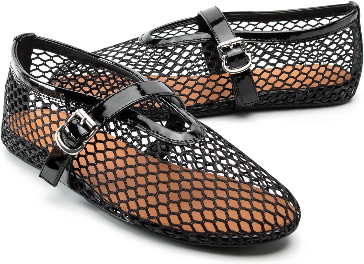 Women Mesh Flats Buckle Strap Round Toe Comfy Causal Ballet Flats Fashion Mary Jane Fishnet Ballerina Flat Shoes