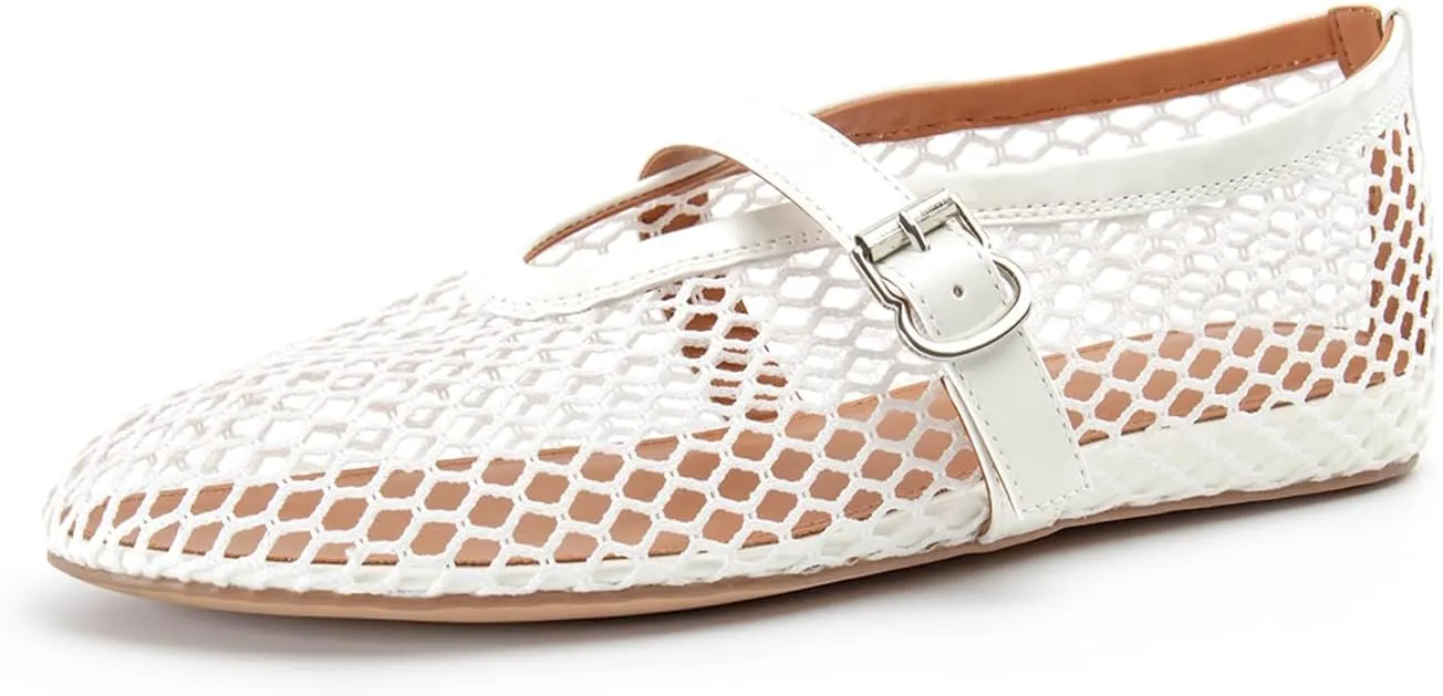 Women Mesh Flats Buckle Strap Round Toe Comfy Causal Ballet Flats Fashion Mary Jane Fishnet Ballerina Flat Shoes