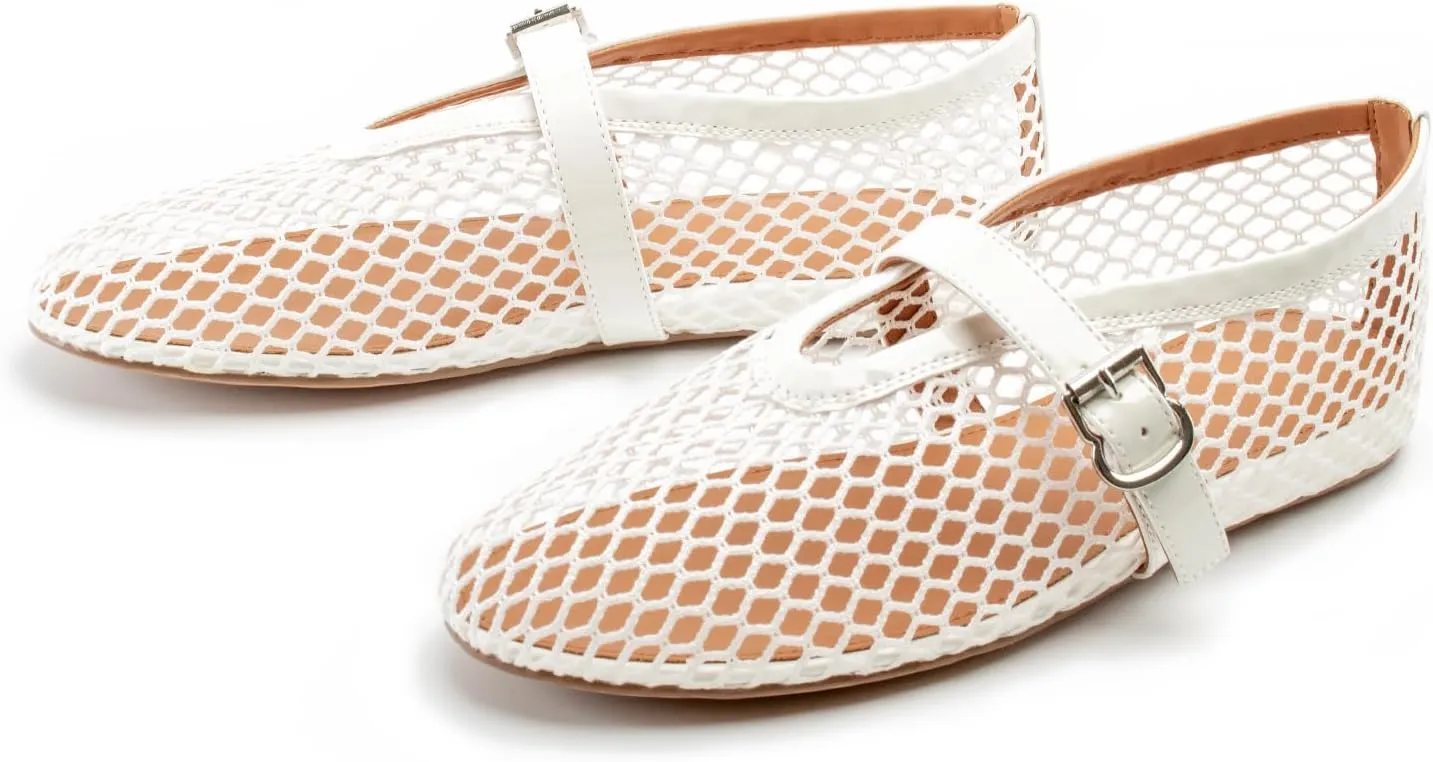 Women Mesh Flats Buckle Strap Round Toe Comfy Causal Ballet Flats Fashion Mary Jane Fishnet Ballerina Flat Shoes
