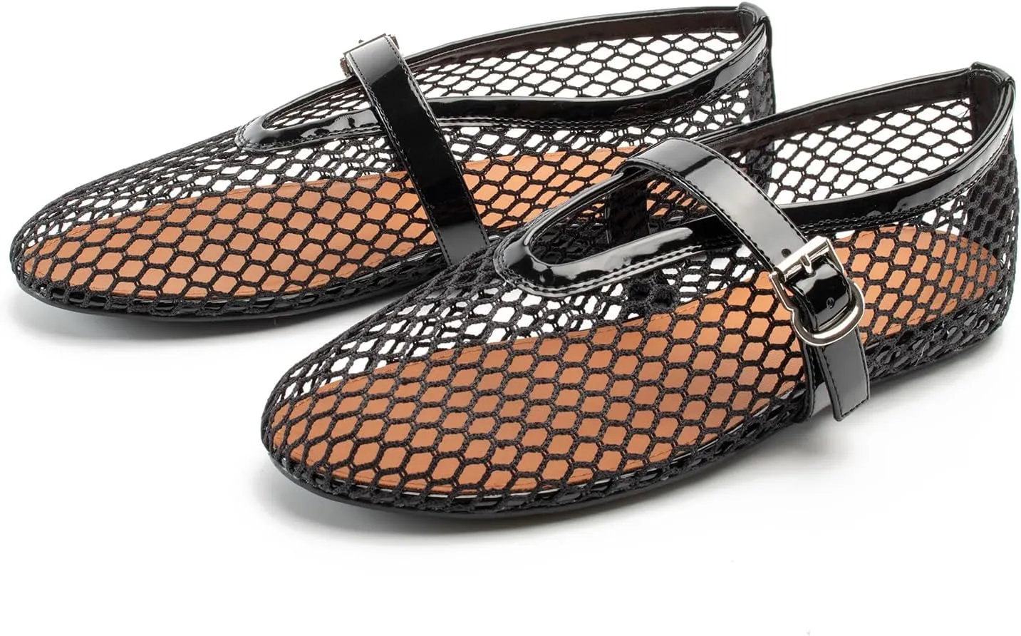 Women Mesh Flats Buckle Strap Round Toe Comfy Causal Ballet Flats Fashion Mary Jane Fishnet Ballerina Flat Shoes