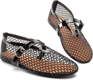 Women Mesh Flats Buckle Strap Round Toe Comfy Causal Ballet Flats Fashion Mary Jane Fishnet Ballerina Flat Shoes
