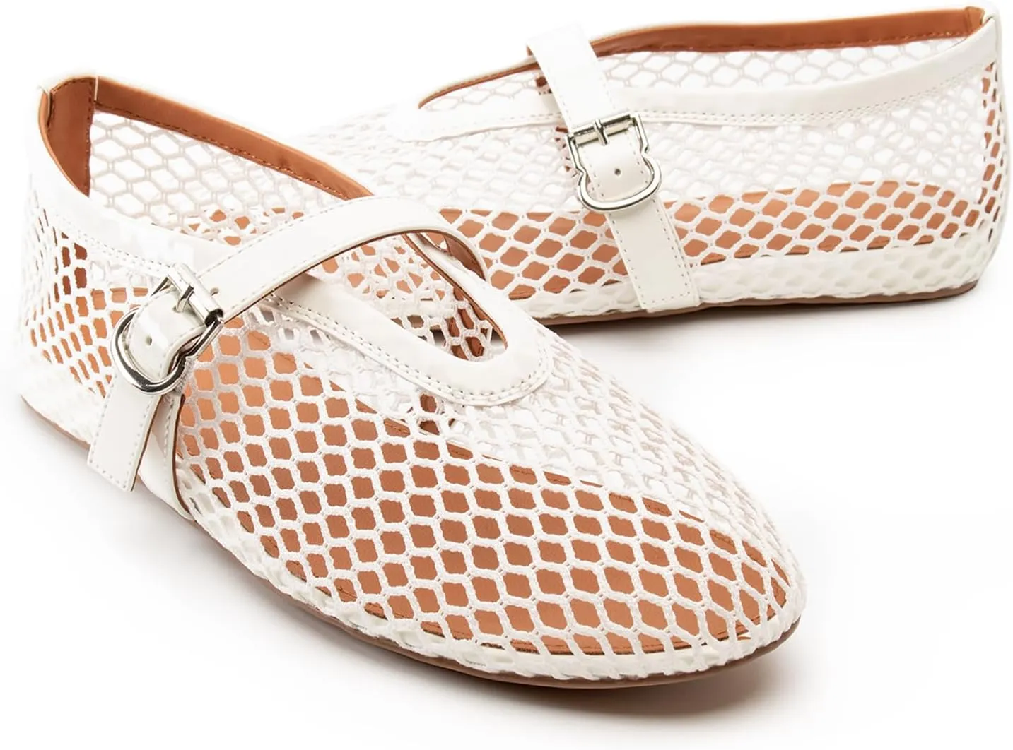 Women Mesh Flats Buckle Strap Round Toe Comfy Causal Ballet Flats Fashion Mary Jane Fishnet Ballerina Flat Shoes