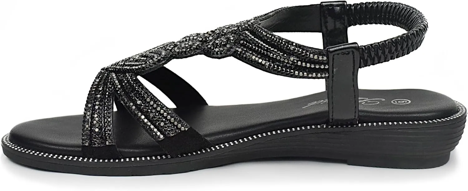 Women Open Toe Rhinestone Flat Sandals Elastic Ankle Strap Bohemian Dressy Sandals for Women
