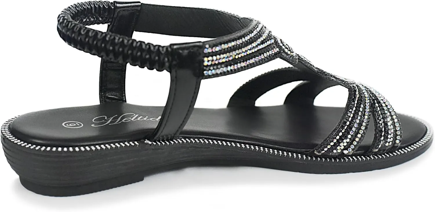 Women Open Toe Rhinestone Flat Sandals Elastic Ankle Strap Bohemian Dressy Sandals for Women
