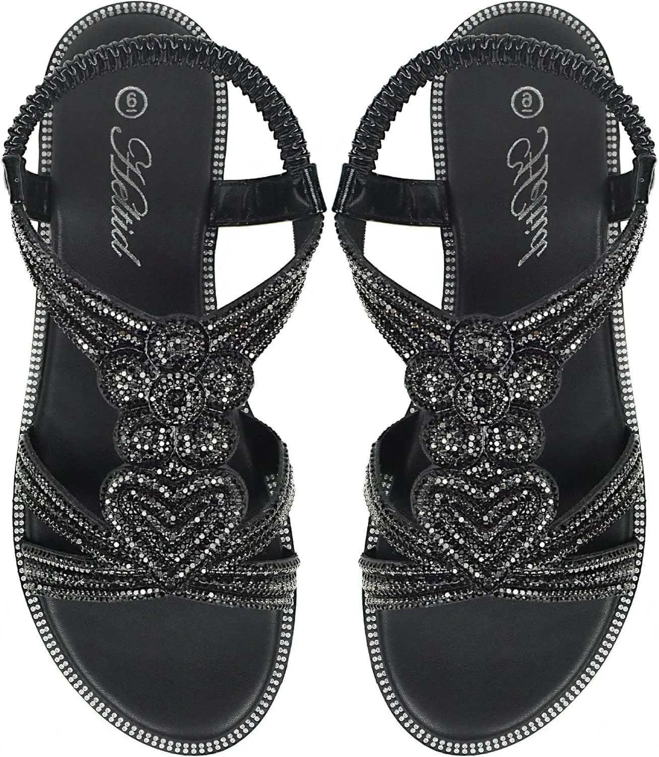Women Open Toe Rhinestone Flat Sandals Elastic Ankle Strap Bohemian Dressy Sandals for Women