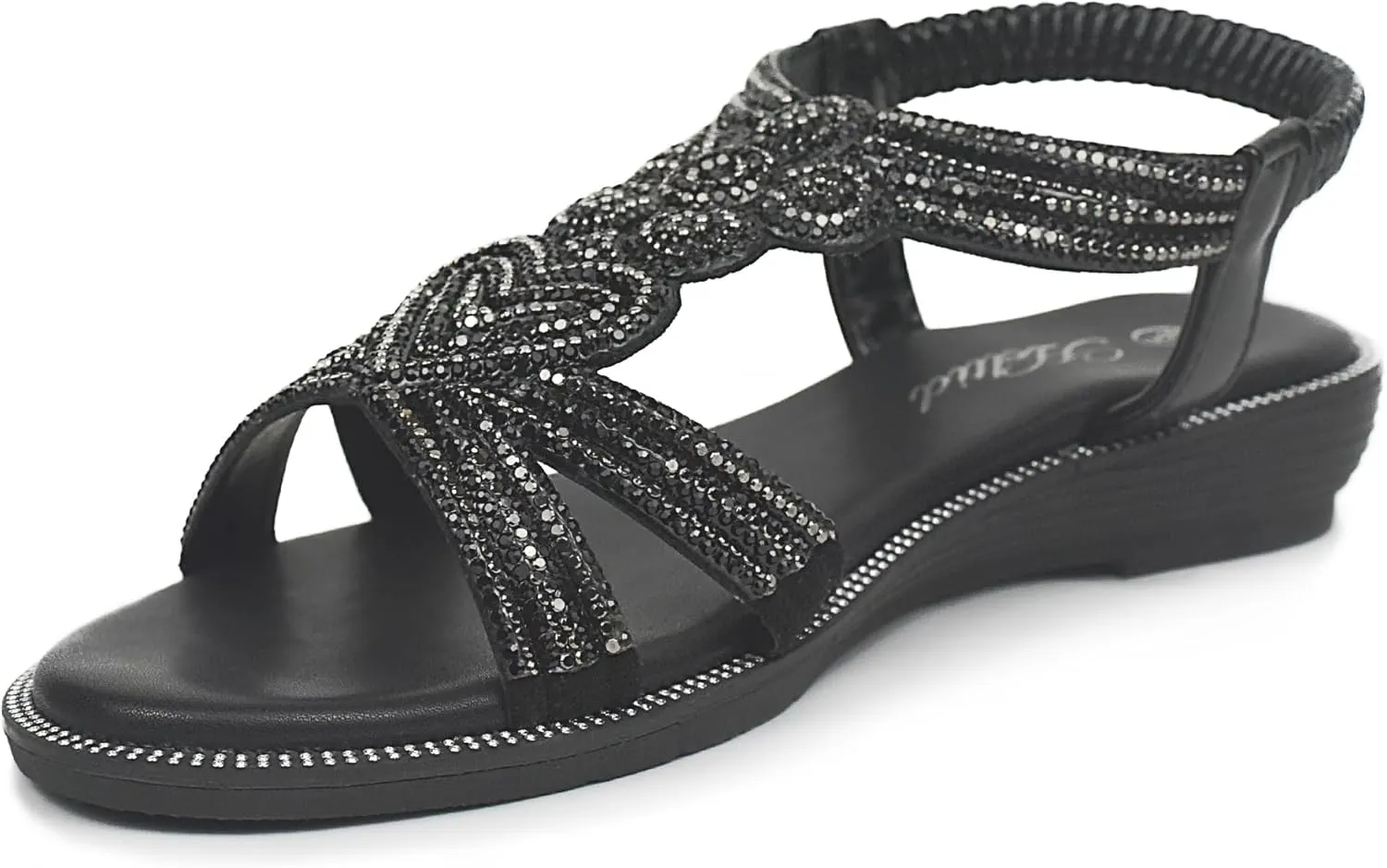 Women Open Toe Rhinestone Flat Sandals Elastic Ankle Strap Bohemian Dressy Sandals for Women