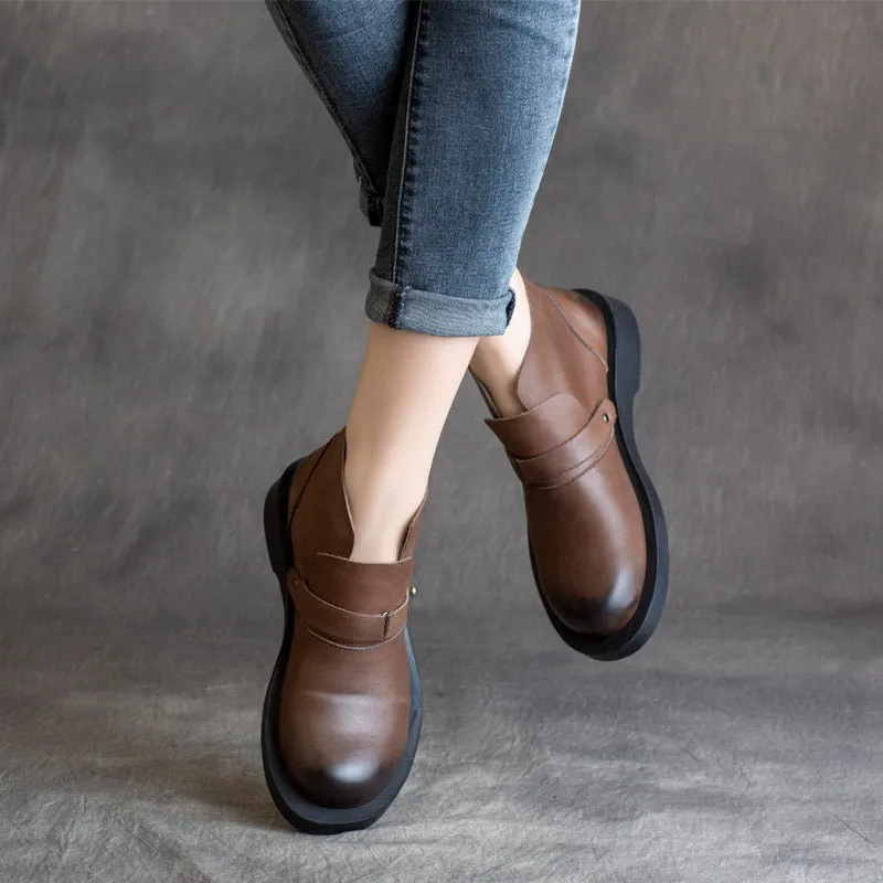 Women Solid Leather Retro Soft Flat Boots