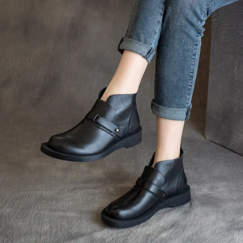 Women Solid Leather Retro Soft Flat Boots