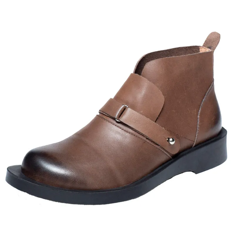 Women Solid Leather Retro Soft Flat Boots