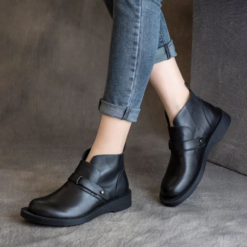 Women Solid Leather Retro Soft Flat Boots