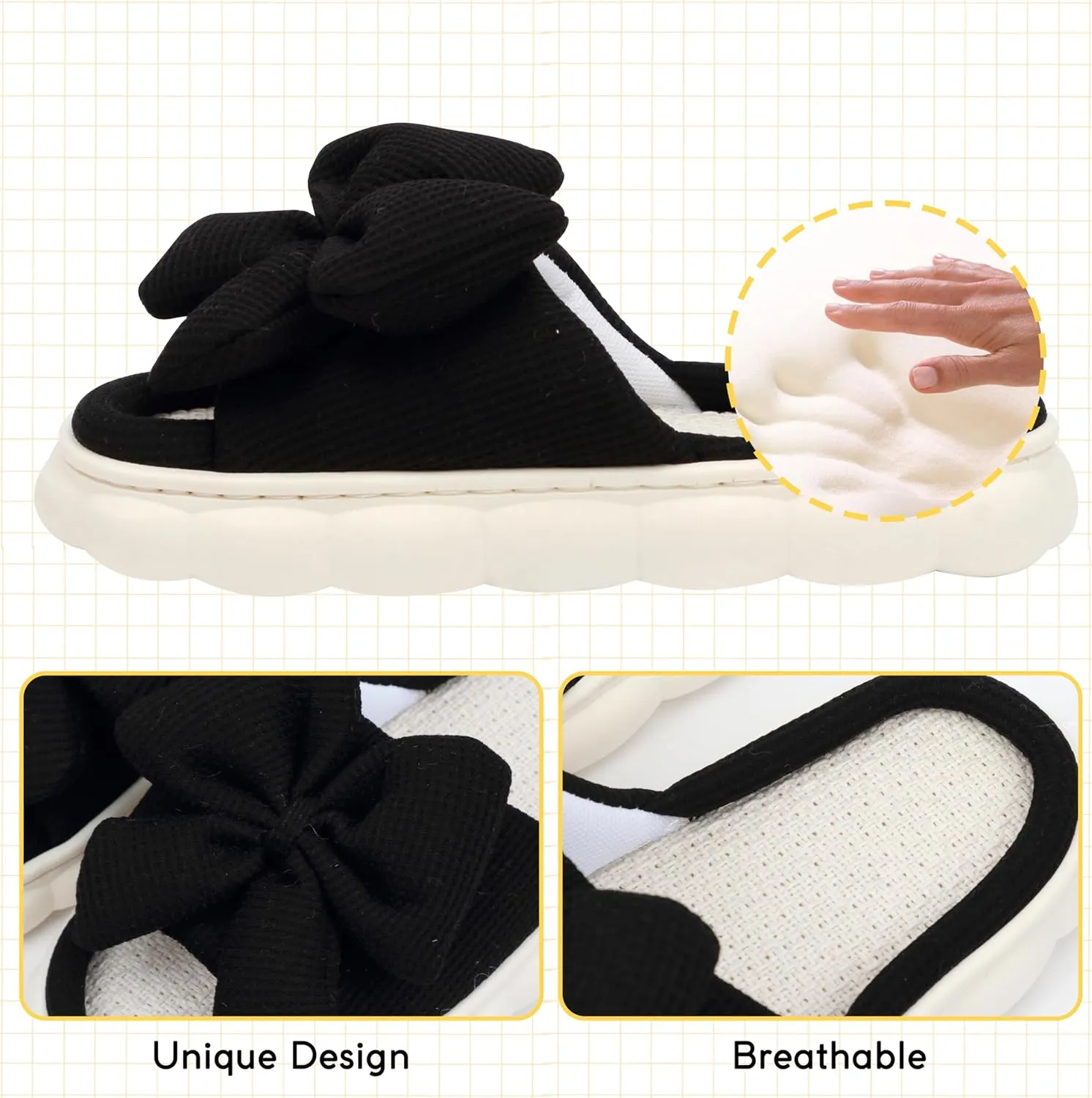 Women Summer Slippers Open Toe Bow Shoes Memory Foam House Slippers Rubber Sole Sandal Indoor Outdoor Birthday Christmas Gifts