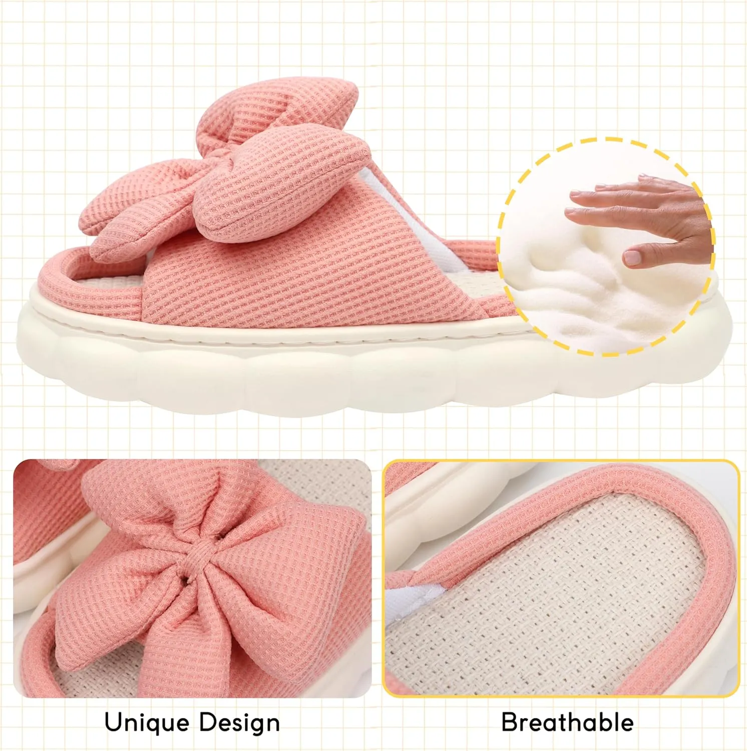 Women Summer Slippers Open Toe Bow Shoes Memory Foam House Slippers Rubber Sole Sandal Indoor Outdoor Birthday Christmas Gifts
