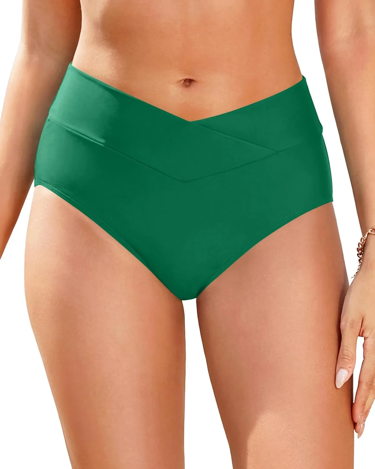 Women V Cut Full Coverage Bikini Bottom - High Waist Swim Bathing Suit Bottoms Cross V Front Swimsuit