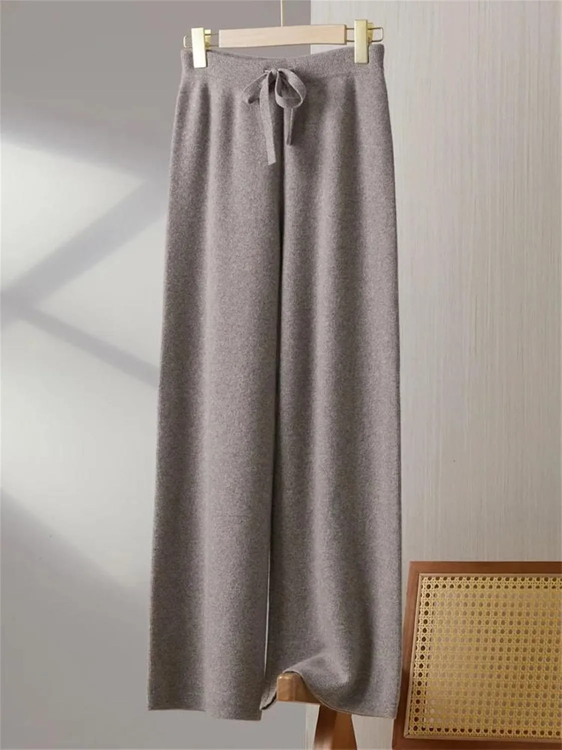 Women Wool Wide-Leg Elastic Waist Long Pants Vintage Knitted Lace Up Soft Trousers