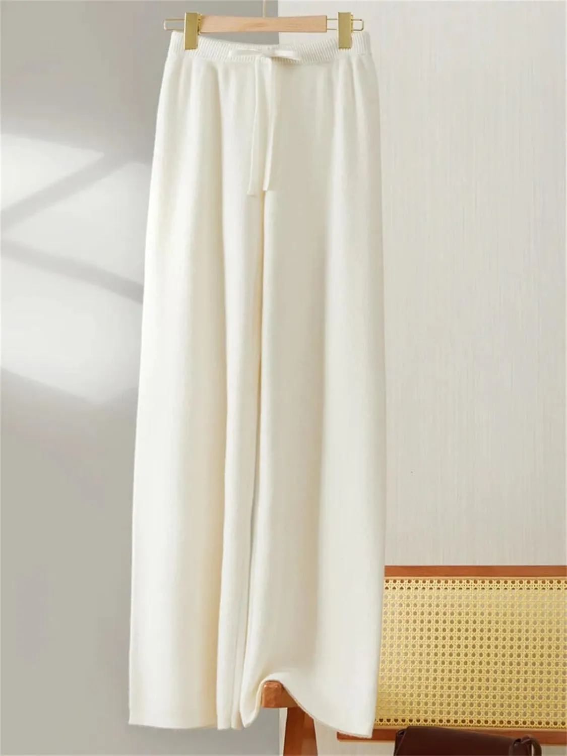 Women Wool Wide-Leg Elastic Waist Long Pants Vintage Knitted Lace Up Soft Trousers