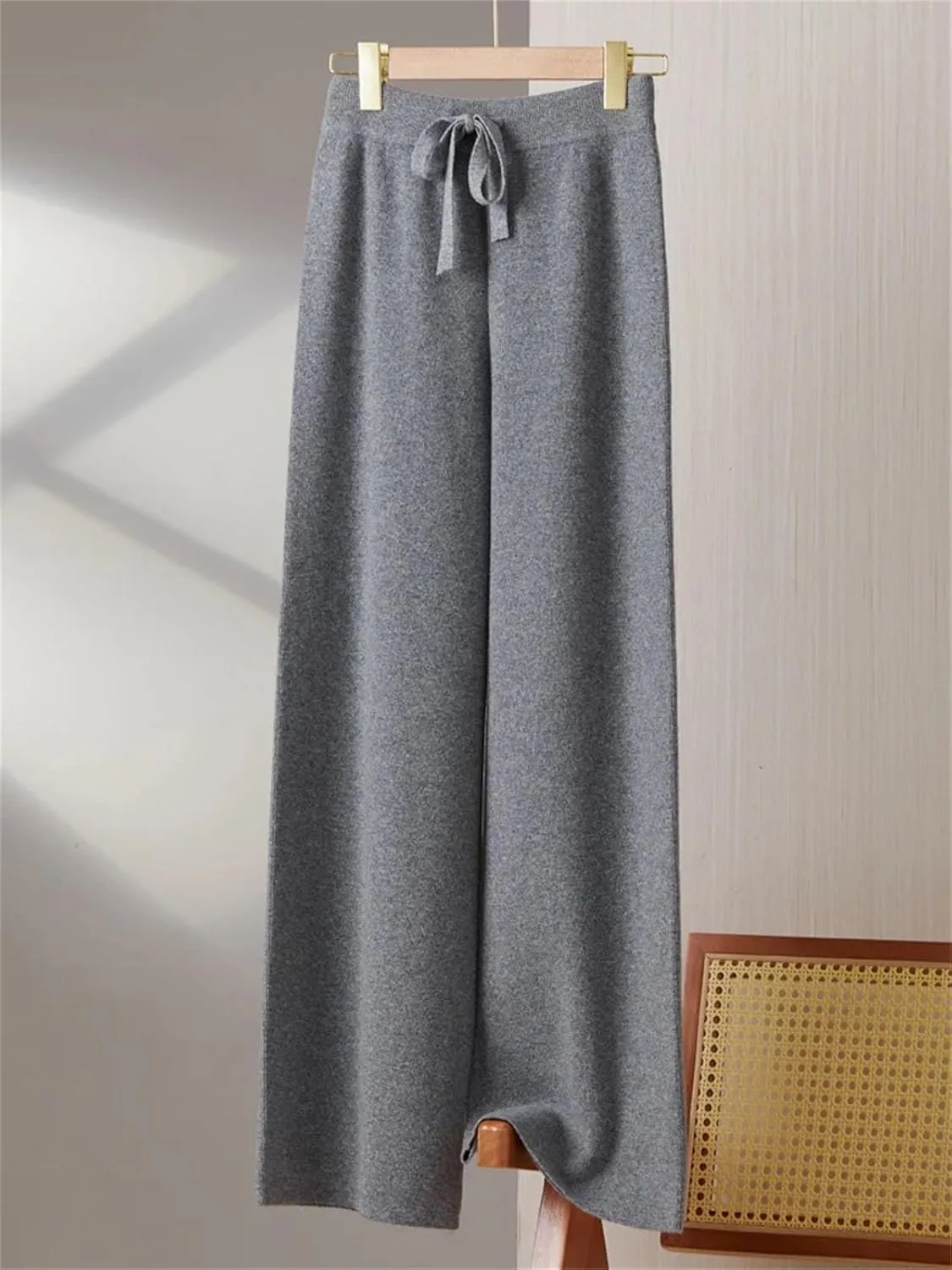 Women Wool Wide-Leg Elastic Waist Long Pants Vintage Knitted Lace Up Soft Trousers