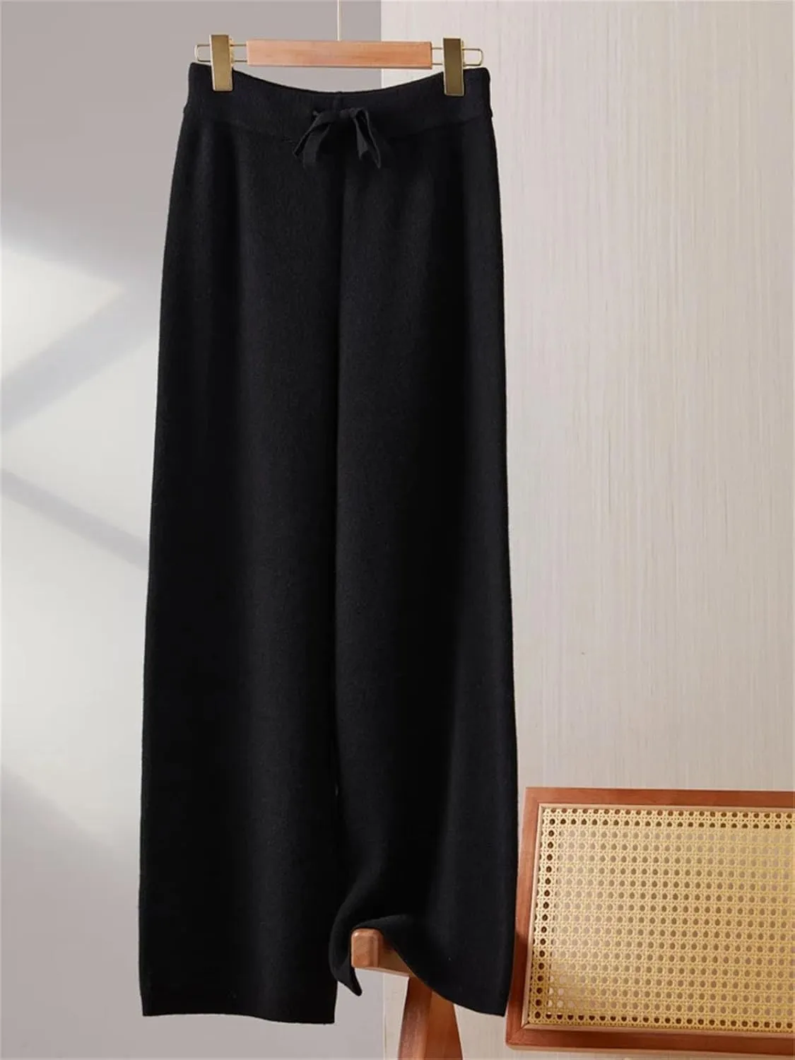 Women Wool Wide-Leg Elastic Waist Long Pants Vintage Knitted Lace Up Soft Trousers