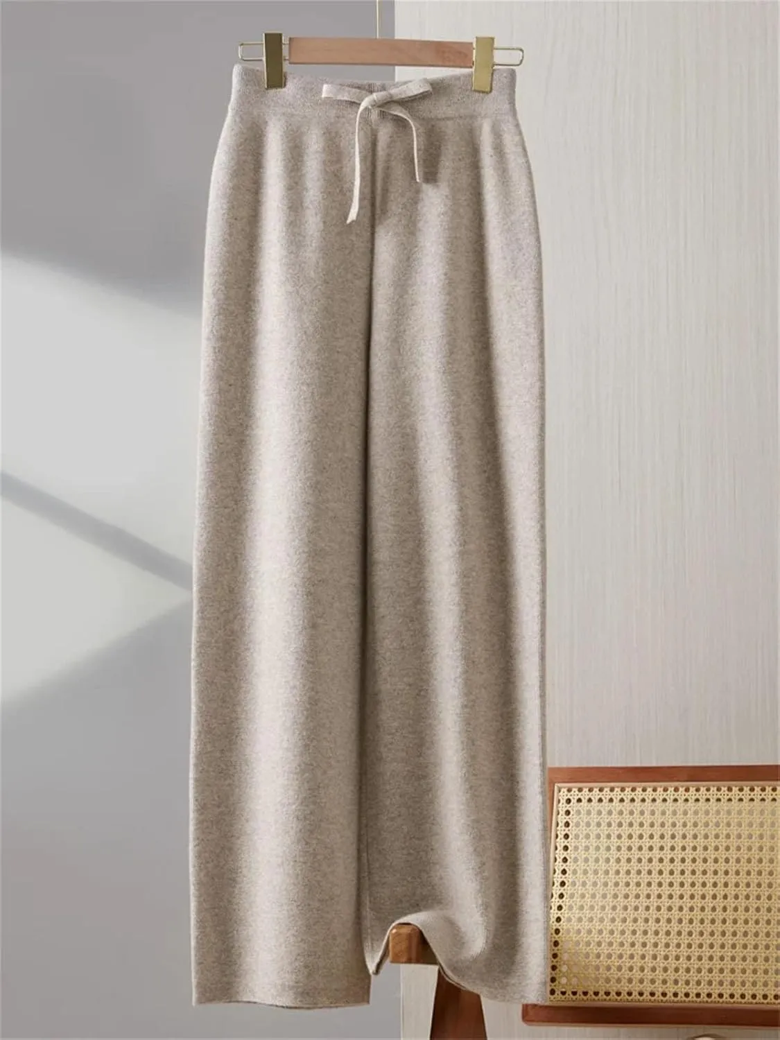 Women Wool Wide-Leg Elastic Waist Long Pants Vintage Knitted Lace Up Soft Trousers