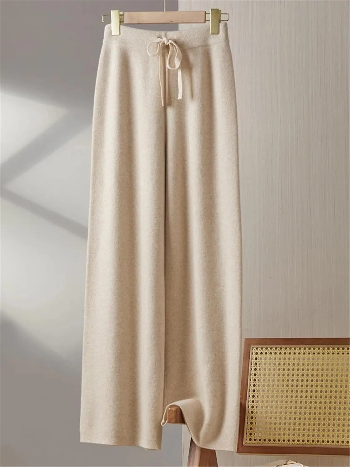 Women Wool Wide-Leg Elastic Waist Long Pants Vintage Knitted Lace Up Soft Trousers
