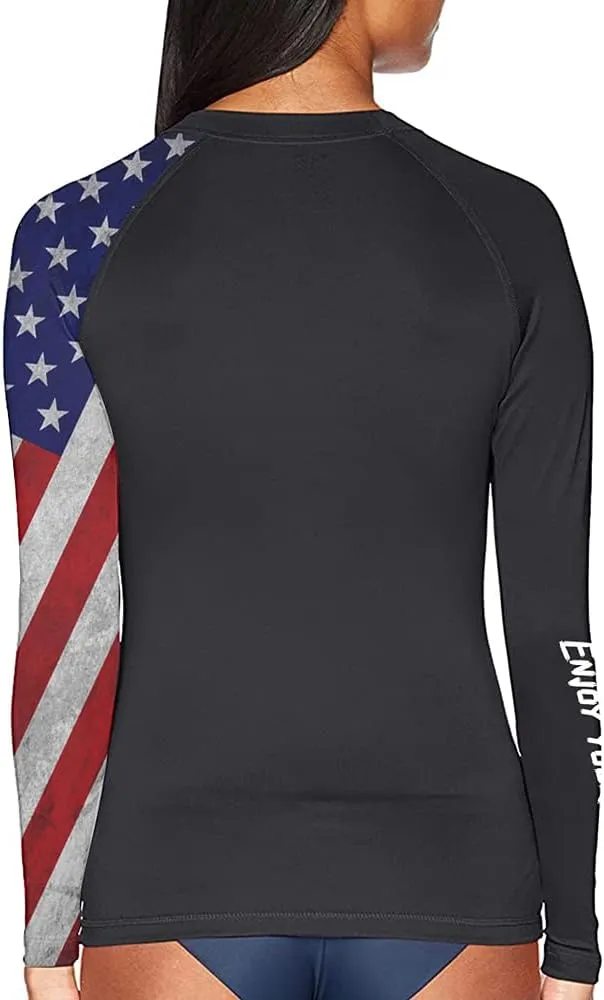 Women's American Flag Long Sleeve Sports Wicking T-Shirt Rash Guard for MMA BJJ Wrestling