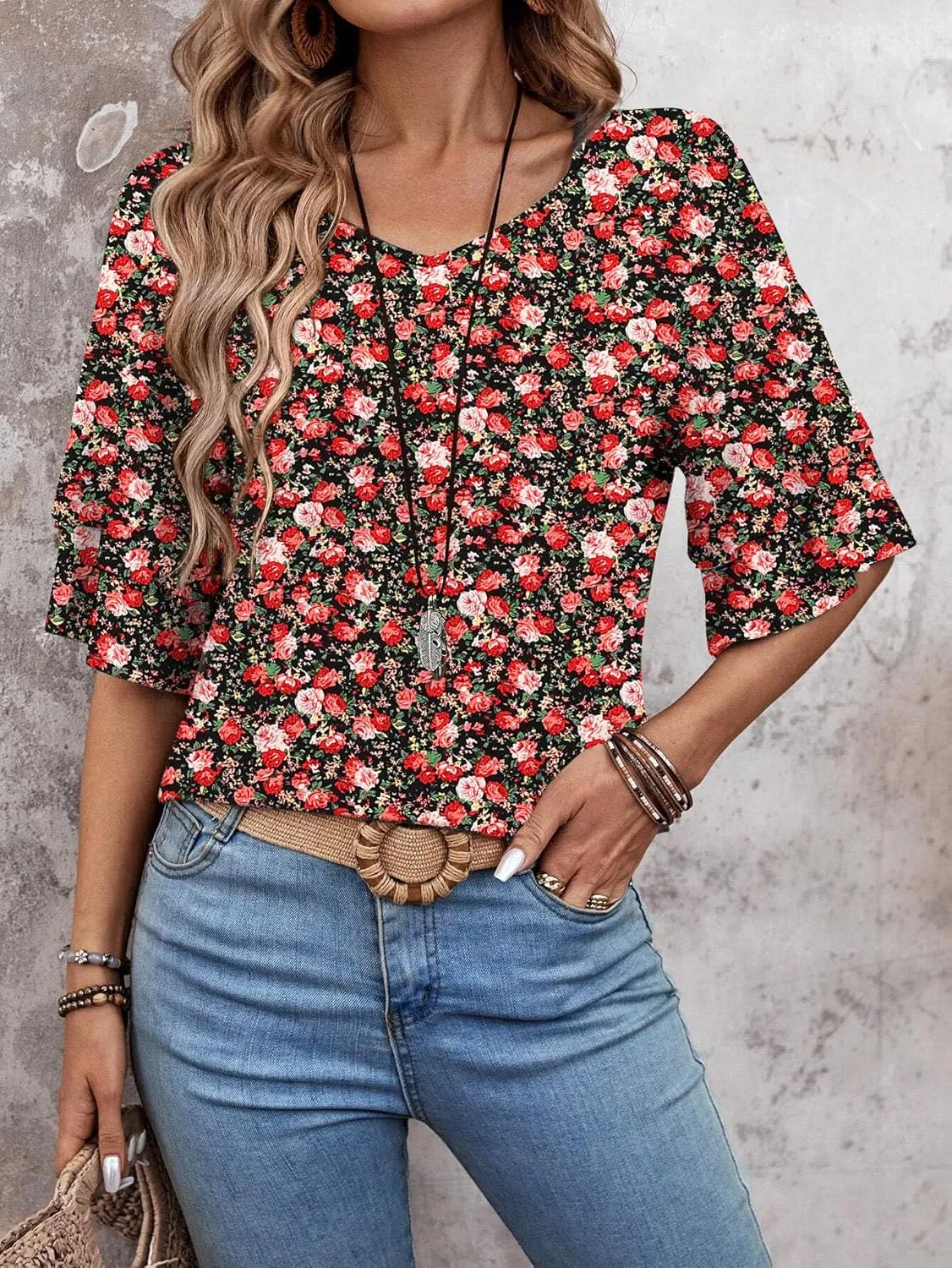 Womens Blouses Ruffle Short Sleeve T Shirts V Neck Double Tiered Bell Sleeve Top Spring Summer Fashion Clothes Cute Tunic