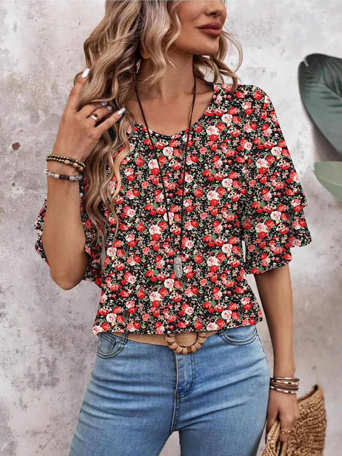 Womens Blouses Ruffle Short Sleeve T Shirts V Neck Double Tiered Bell Sleeve Top Spring Summer Fashion Clothes Cute Tunic
