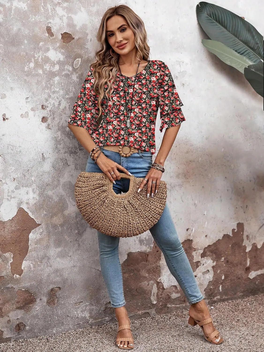 Womens Blouses Ruffle Short Sleeve T Shirts V Neck Double Tiered Bell Sleeve Top Spring Summer Fashion Clothes Cute Tunic