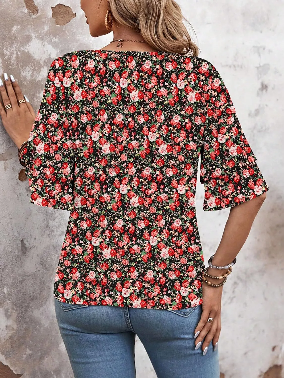 Womens Blouses Ruffle Short Sleeve T Shirts V Neck Double Tiered Bell Sleeve Top Spring Summer Fashion Clothes Cute Tunic