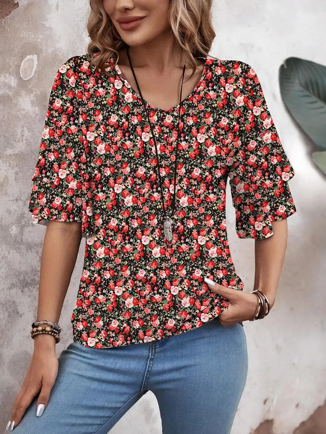 Womens Blouses Ruffle Short Sleeve T Shirts V Neck Double Tiered Bell Sleeve Top Spring Summer Fashion Clothes Cute Tunic