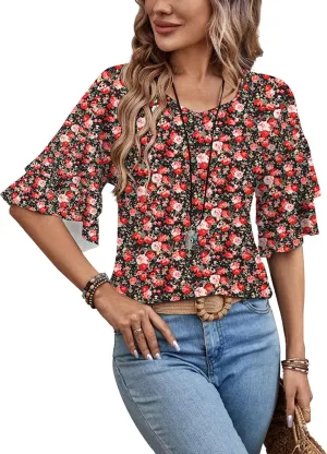 Womens Blouses Ruffle Short Sleeve T Shirts V Neck Double Tiered Bell Sleeve Top Spring Summer Fashion Clothes Cute Tunic