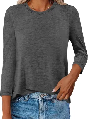Womens Crew Neck 3/4 Sleeve T Shirts Casual Curved Hem Tunic Tops Basic Loose Fit Tees 2025
