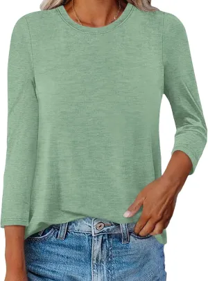 Womens Crew Neck 3/4 Sleeve T Shirts Casual Curved Hem Tunic Tops Basic Loose Fit Tees 2025