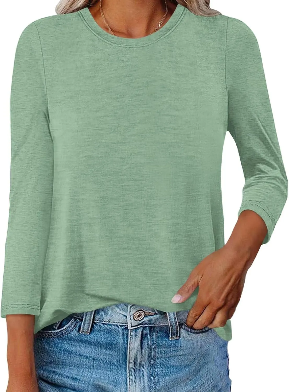 Womens Crew Neck 3/4 Sleeve T Shirts Casual Curved Hem Tunic Tops Basic Loose Fit Tees 2025