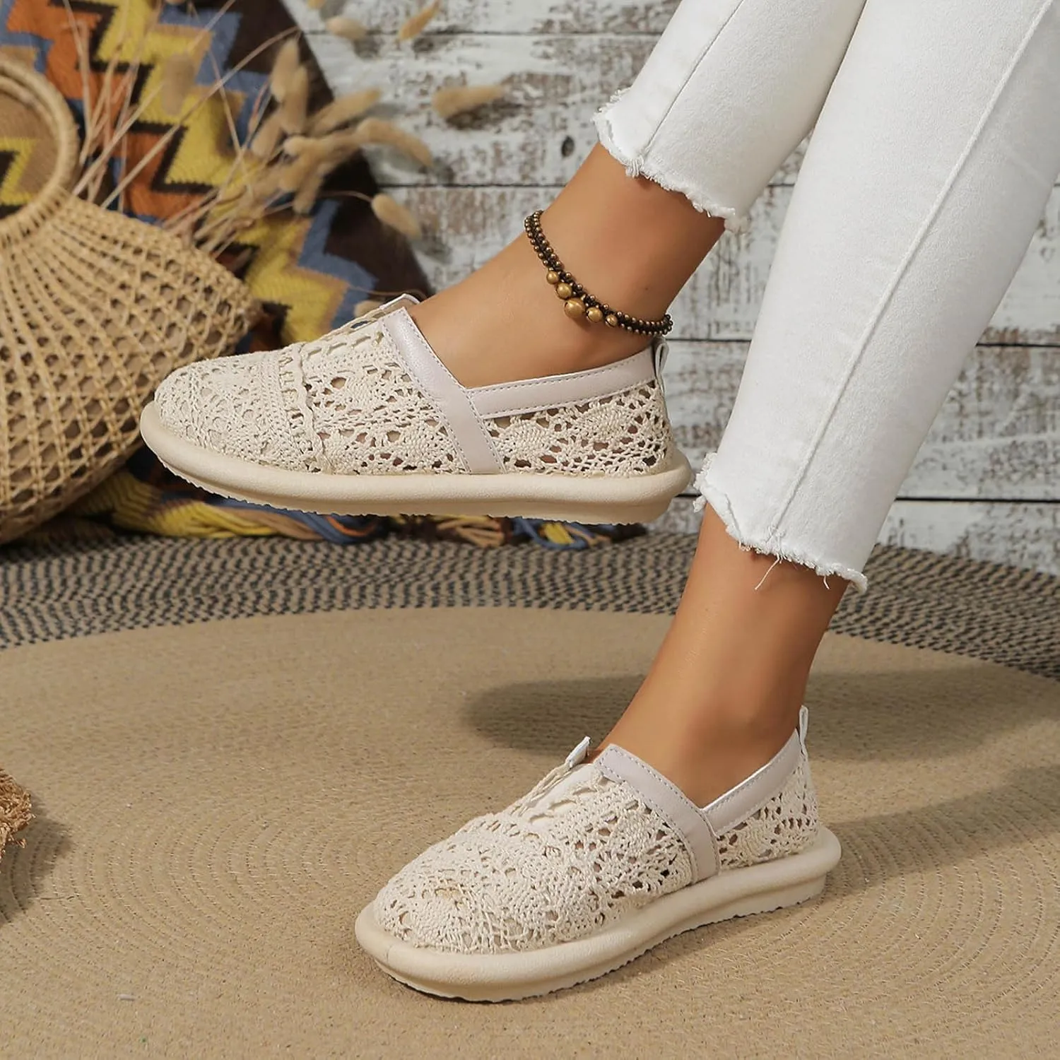 Women's Dress Flat Ballet Low Hollow Out Breathable Soft Single Shoe Ladies Casual Flower Lace Flats Knit Dress Shoes
