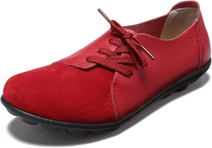 Women's Fashion Casual Leather Soft Sole Lace Up Loafers Shoes Comfortable Low Top Non-Slip Flat Walking Shoes