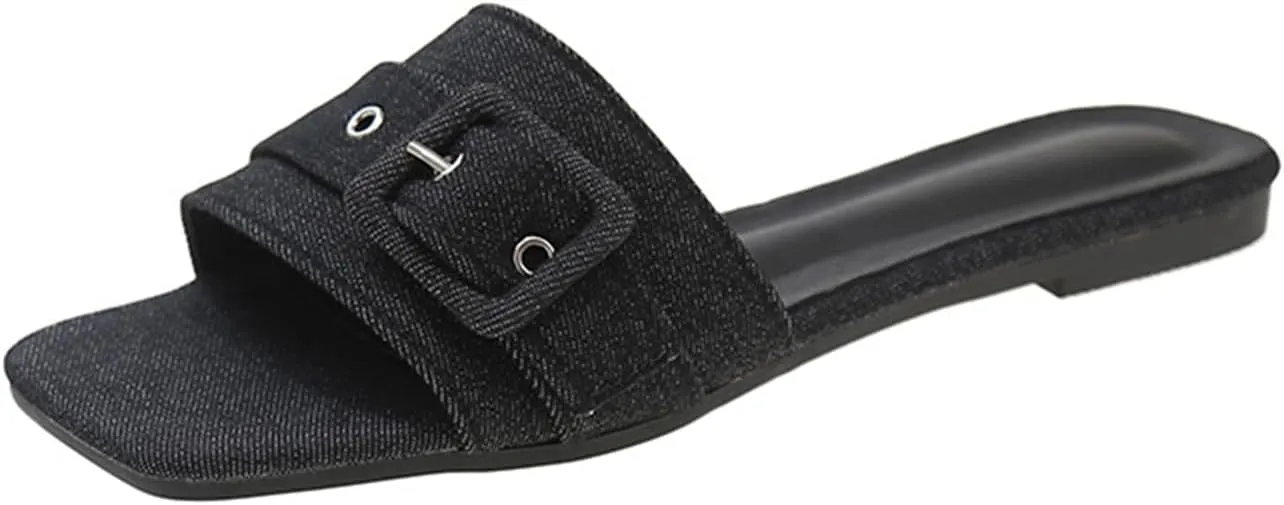 Women's Fashion Denim Cloth Flat Slide Sandals with Square Buttons Summer Square Open Toe Comfort Soft Slip On Slipper for Indoor Outdoor Daily Wear