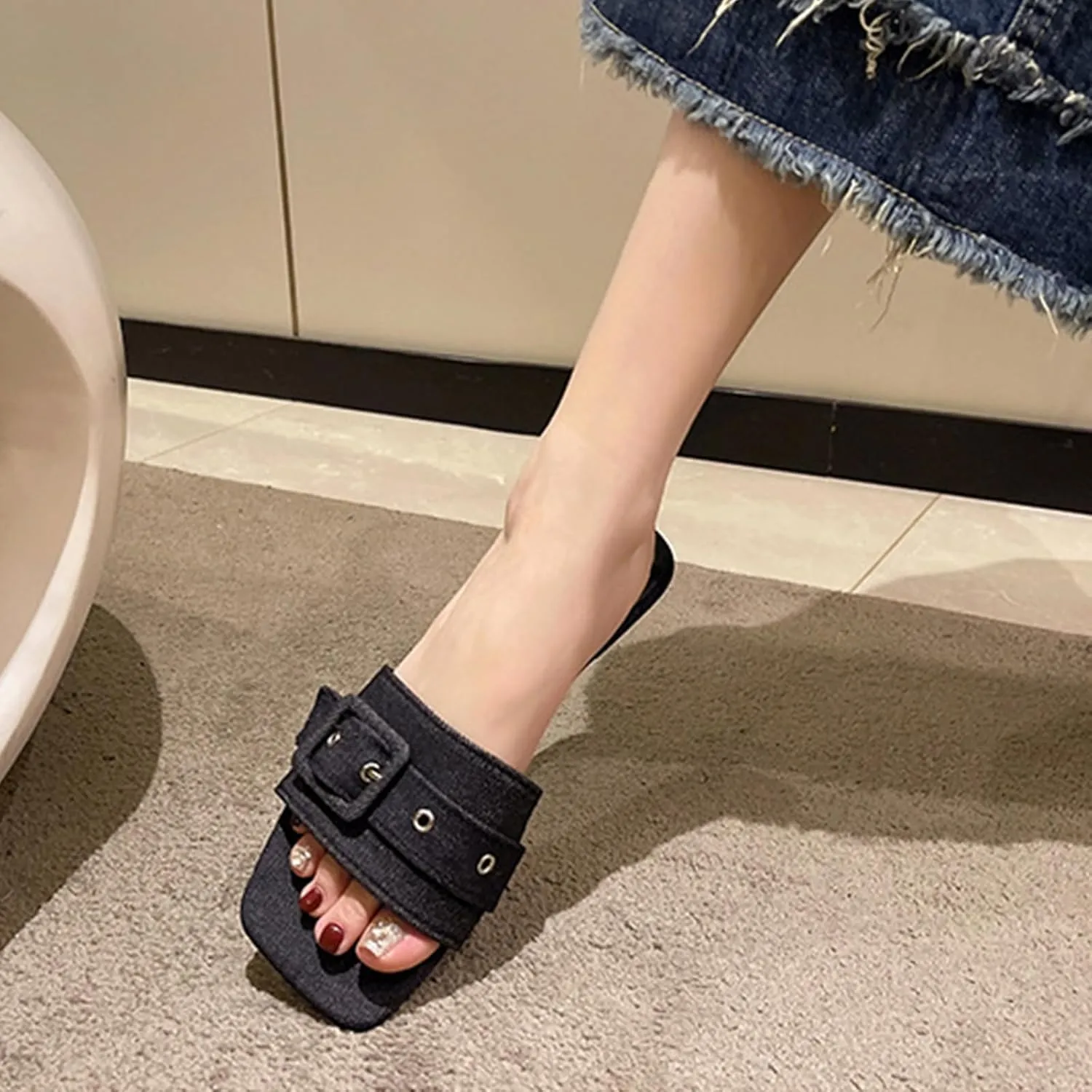 Women's Fashion Denim Cloth Flat Slide Sandals with Square Buttons Summer Square Open Toe Comfort Soft Slip On Slipper for Indoor Outdoor Daily Wear