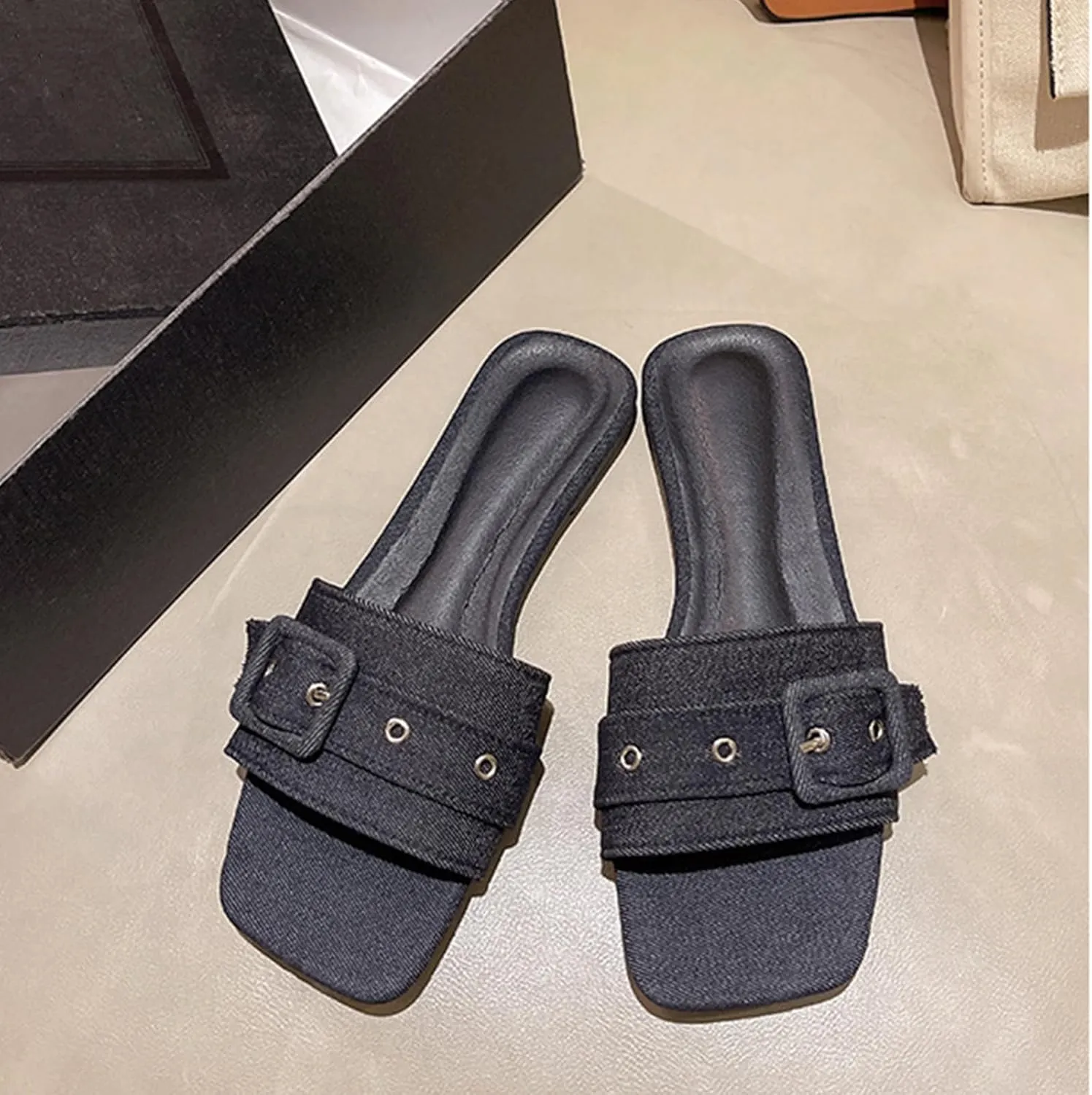 Women's Fashion Denim Cloth Flat Slide Sandals with Square Buttons Summer Square Open Toe Comfort Soft Slip On Slipper for Indoor Outdoor Daily Wear